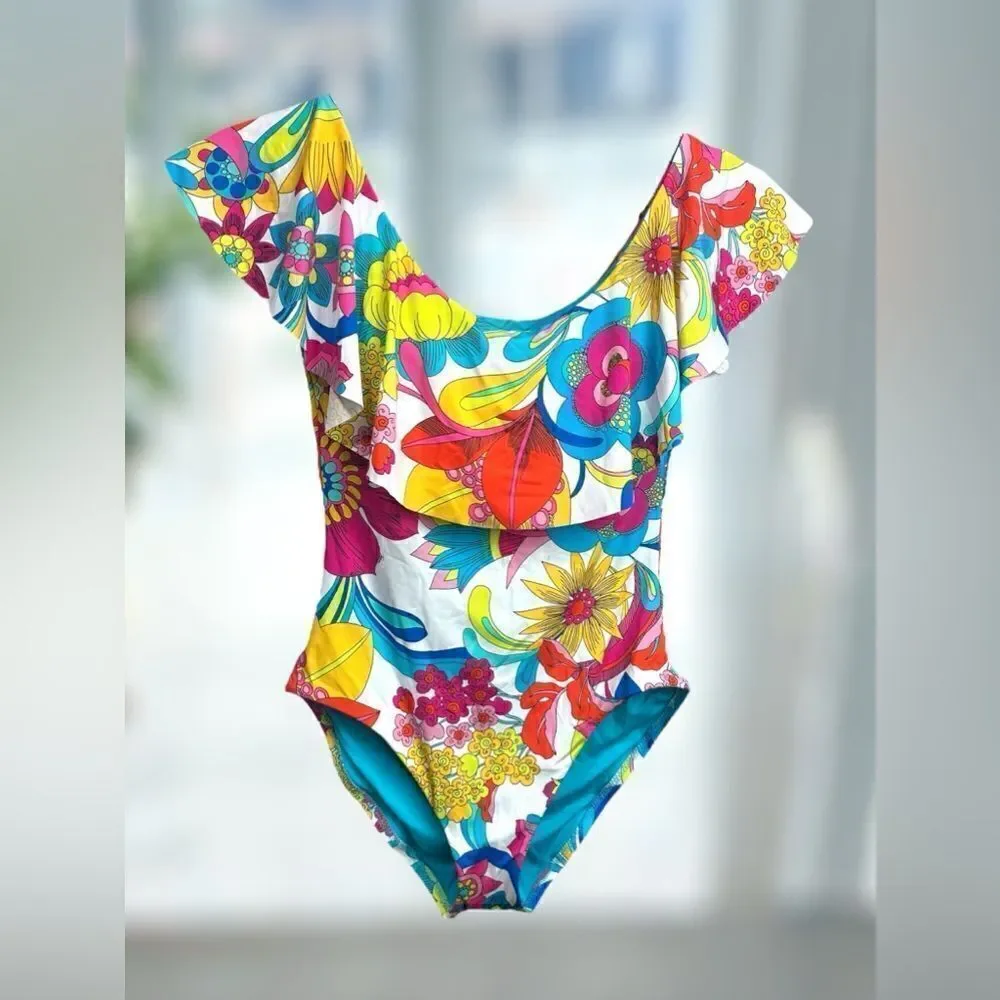 NWT Trina Turk Fontaine Ruffle Off The Shoulder One Piece Swimsuit Size 6